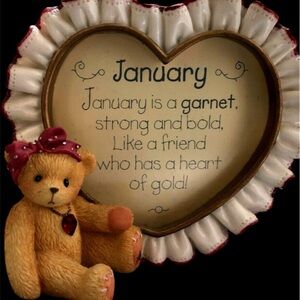 Enesco January Heart Frame w/Bear-Red and Gold/pretty red gem around neck.